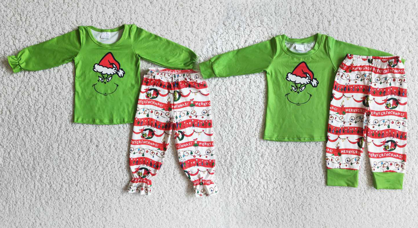 Baby Girls boys Christmas dress up cartoon print green top and red-white long pants Family siblings set