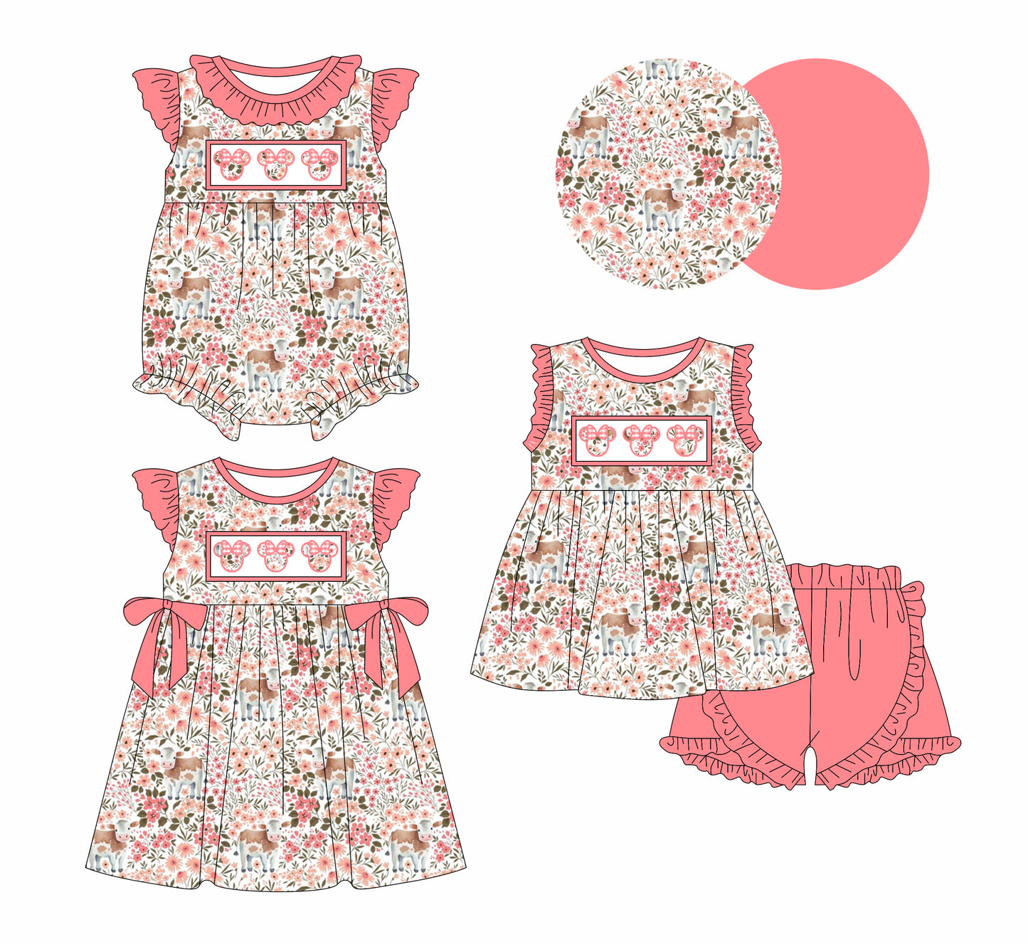 1.18 custom each style moq 5eta 4-6week Sibling Sisters mickey head baby girl short sleeve shorts sets and dress and rompers match family design