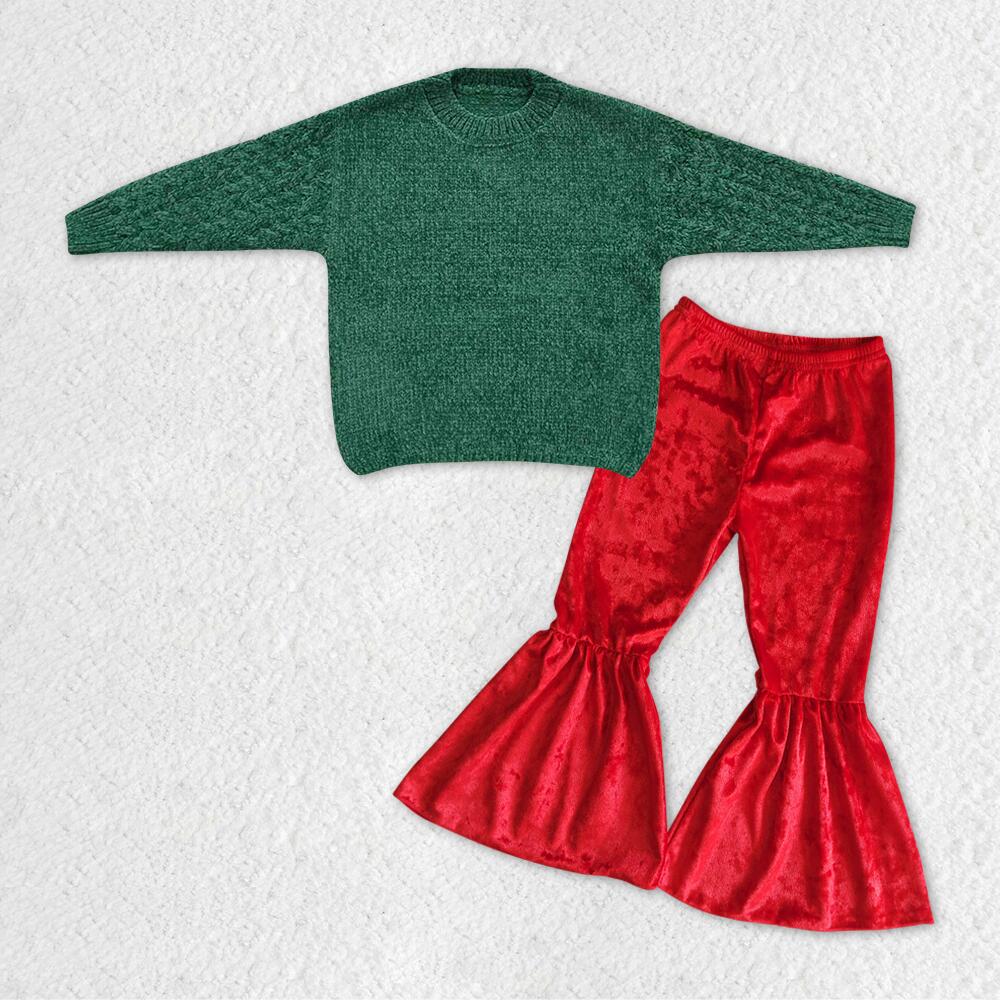 B3-11 Red velvet bell bottoms+GT0217 Dark green sweater