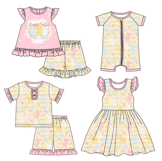 1.14 custom each style moq 5eta 4-6week Sibling Sister easter floral baby girl short sleeve shorts sets and sets 2 and boy romper and dress match design