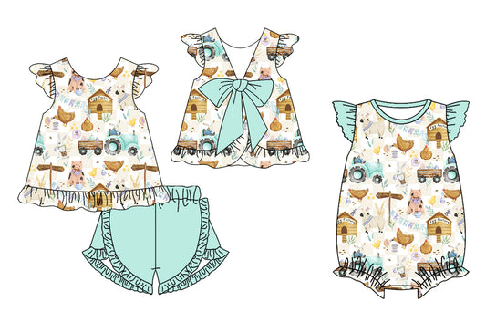 26.1.8 custom each style moq 5 eta 6-8week Sibling Sister farm baby girl short sleeve shorts sets and romper match design