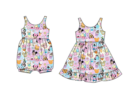 1.23 custom each style moq 5eta 4-6week Sibling Sister mickey baby girl dress and jumpsuit match family design