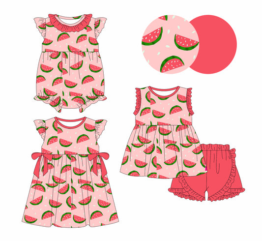 1.3 custom each style moq 5eta 4-6week Sibling Sister watermelon baby girl short sleeve shorts sets and dresses and romper match design