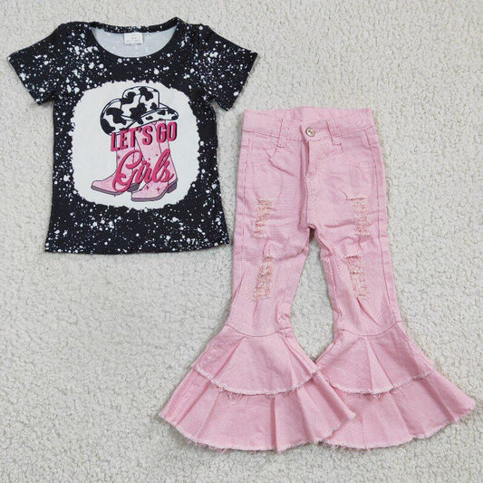 Girls black short sleeve long jeans pants boots hat print