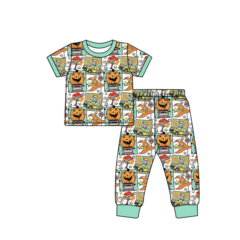 5.1（1）custom each style moq 5eta 4-5week Sibling Sister Halloween pumpkin prints green girls and boys outfits and dress match family design