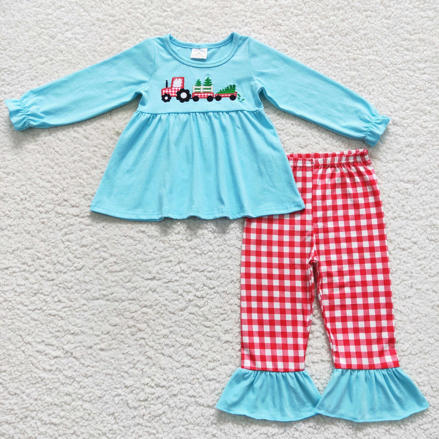 Baby Girls Agricultural tree truck prints blue Sibling Rompers Clothes Sets