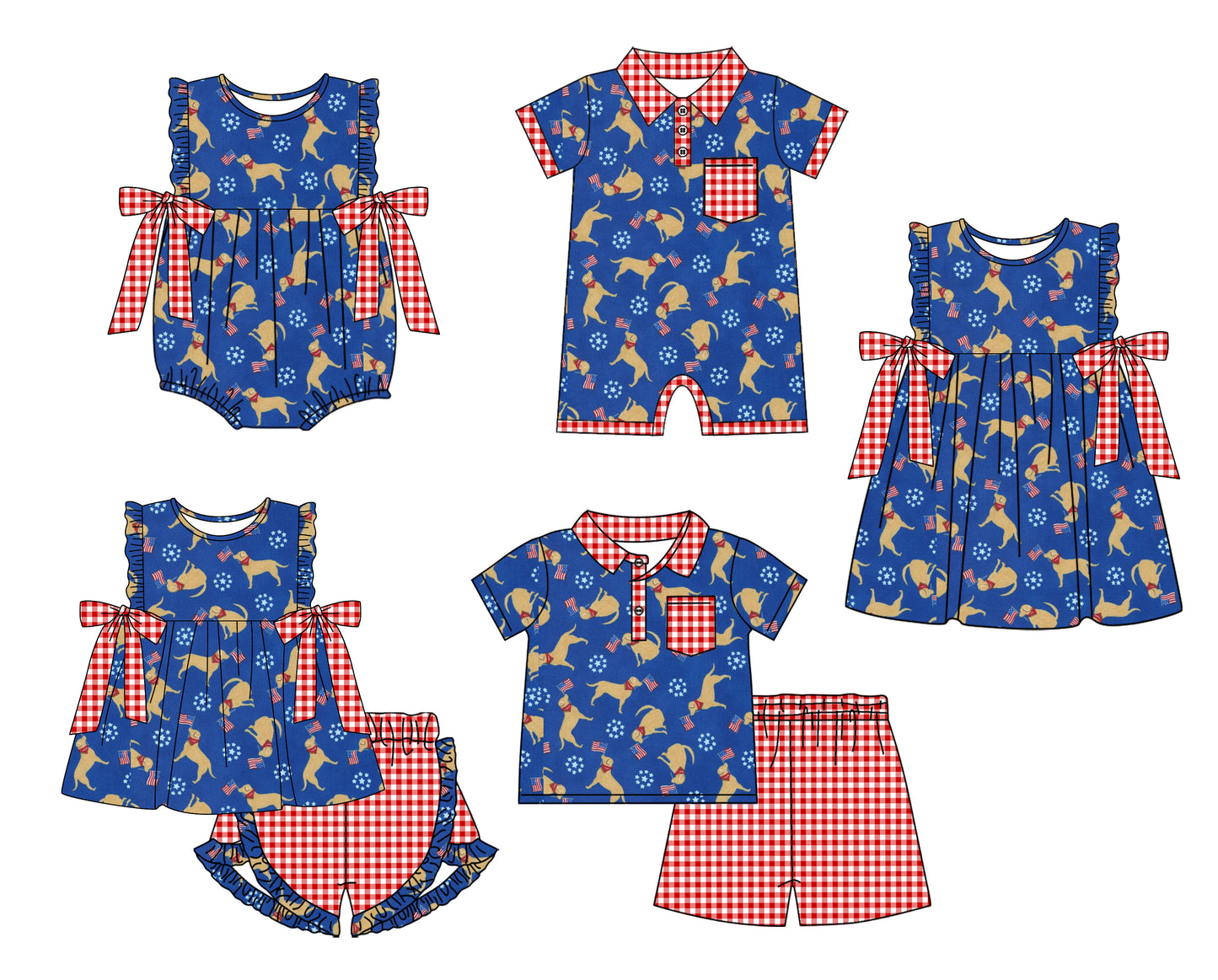 11.14 custom each style moq 5eta 4-6week Sibling Sister puppy baby girl short sleeve shorts sets and sets 2 and girls romper and boy romper and dress match design