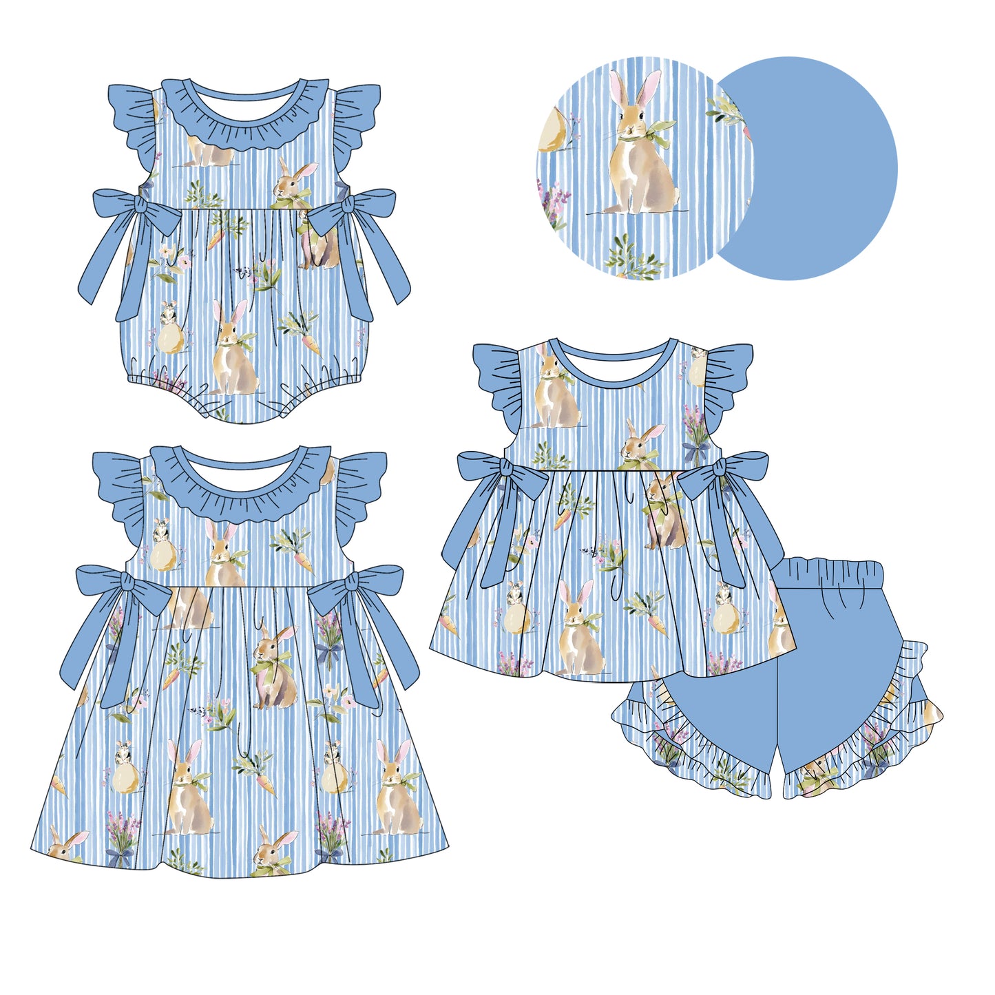 25.12.25 custom each style moq 5 eta 6-8week Sibling Sister bunny baby short sleeve shorts sets and romper and dress match design