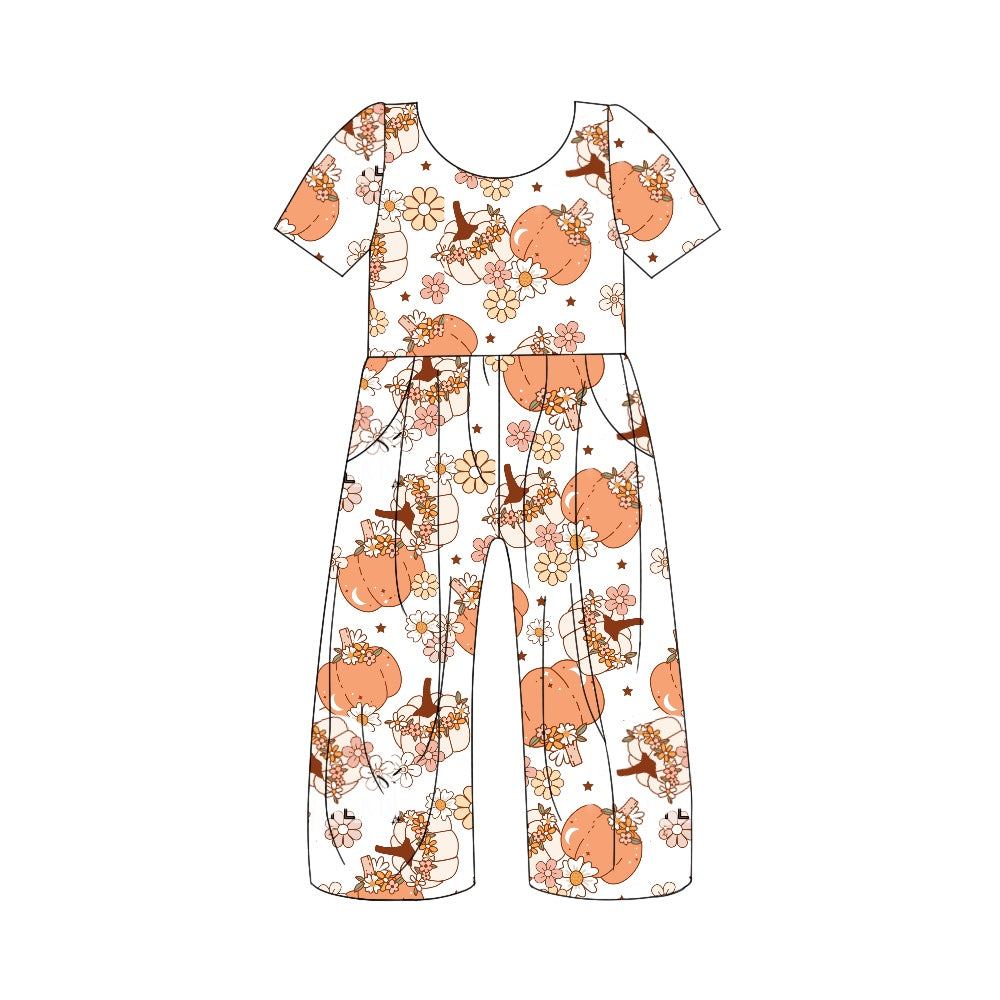 5.1custom each style moq 5eta 4-5week Halloween pumpkin flowers prints white jumpsuits