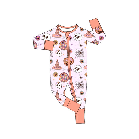 5.3custom each style moq 5eta 4-5week Sibling Sister Halloween pumpkin prints pink girls jumpsuits and boy set and baby romper match family design