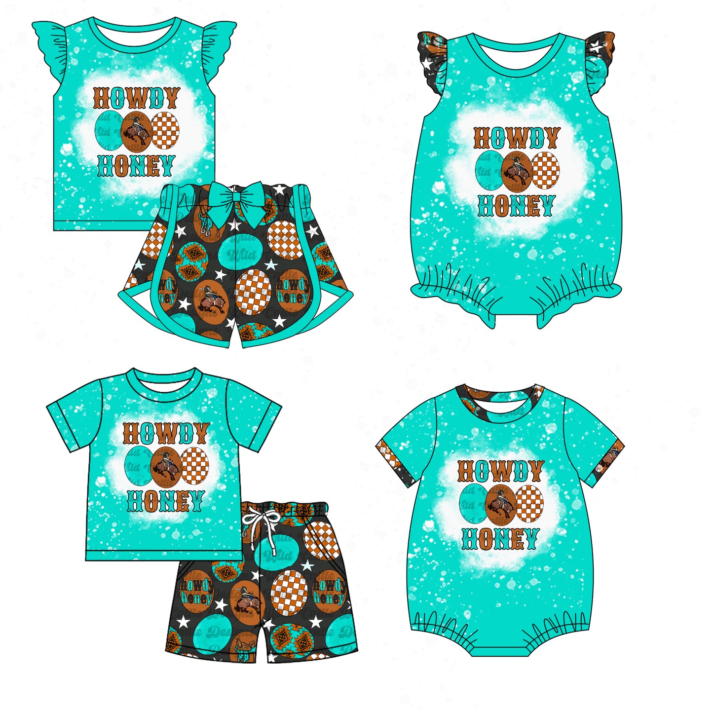 1.11 custom each style moq 5eta 4-6week Sibling Sister HOWDY baby girl short sleeve shorts sets and sets 2 and boy romper and girl romper match design