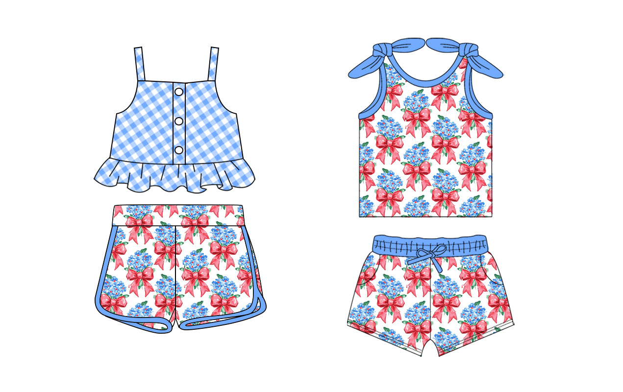 2.12 custom each style moq 5eta 4-6week Sibling Sister baby girls short sleeve shorts sets and set 2 match design