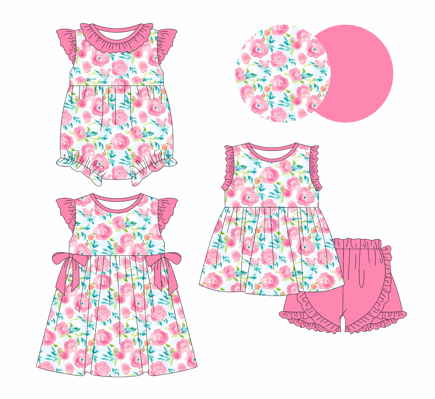 1.2 custom each style moq 5eta 4-6week Sibling Sistes floral baby girl short sleeve shorts sets and dress and rompers match family design