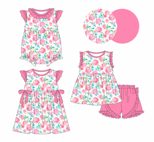 1.2 custom each style moq 5eta 4-6week Sibling Sistes floral baby girl short sleeve shorts sets and dress and rompers match family design