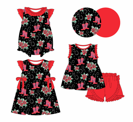 1.17 custom each style moq 5eta 4-6week Sibling Sisters boots floral baby girl short sleeve shorts sets and dress and rompers match family design