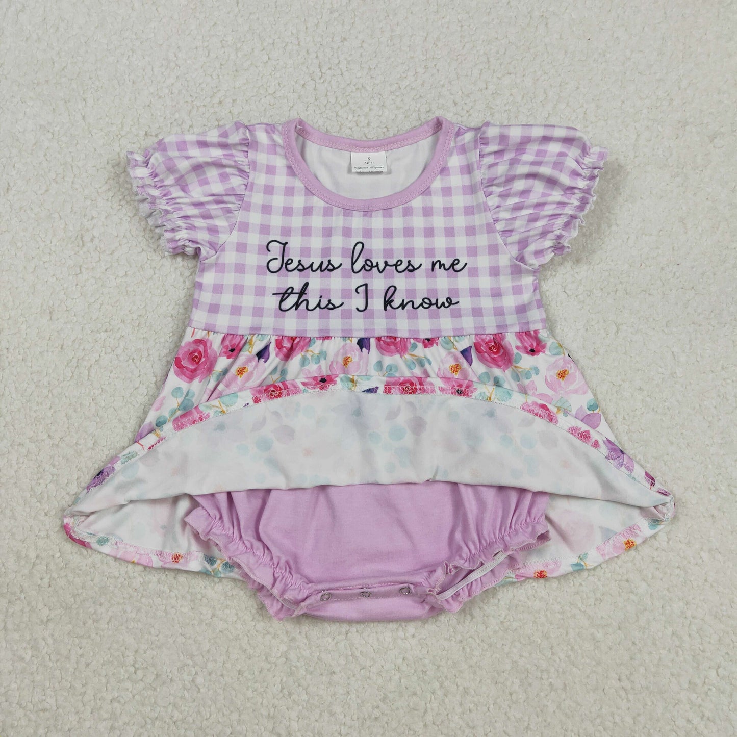 RTS NO MOQ（In Stock) Jesus loves me this i know floral purple checkered short-sleeved bodysuit