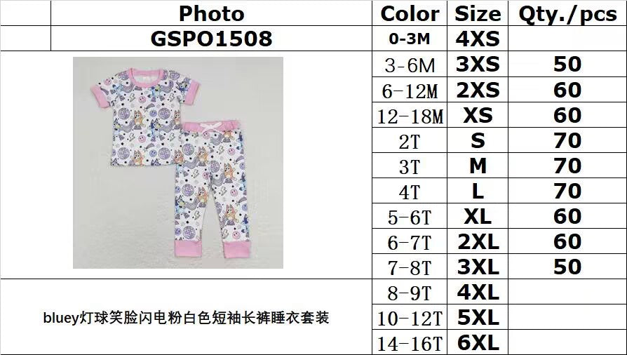 rts no moq GSPO1508 bluey light ball smiley face lightning pink white short-sleeved trousers pajama suit