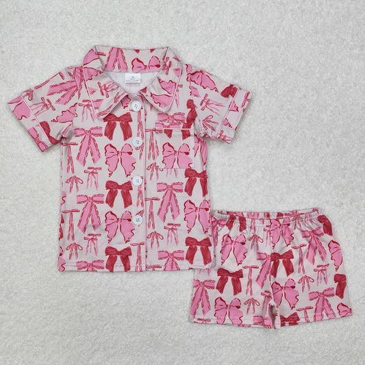 RTS NO MOQ ETA 5/7days Arrived GSSO1718 Pink bow pattern short-sleeved shorts pajama set