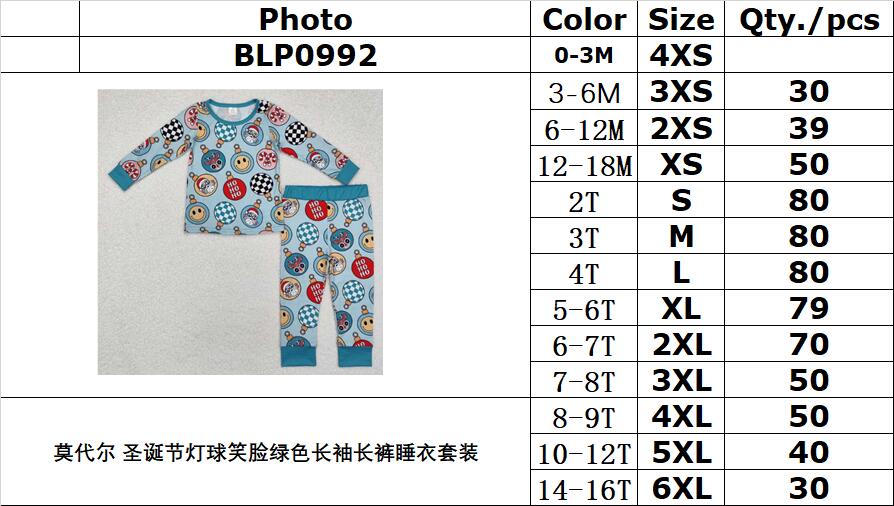 BAMBOO RTS NO MOQ ETA 5/7days arrived BLP0992 Modal Christmas light ball smiley green long-sleeved trousers pajama set