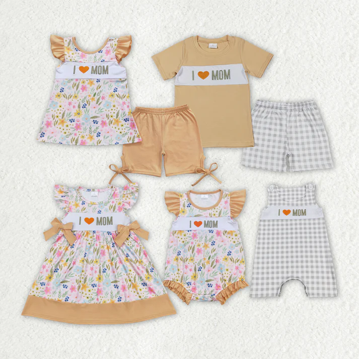 RTS NO MOQ I love MOM Embroidery Orange Floral Dresses Rompers Clothes Sets