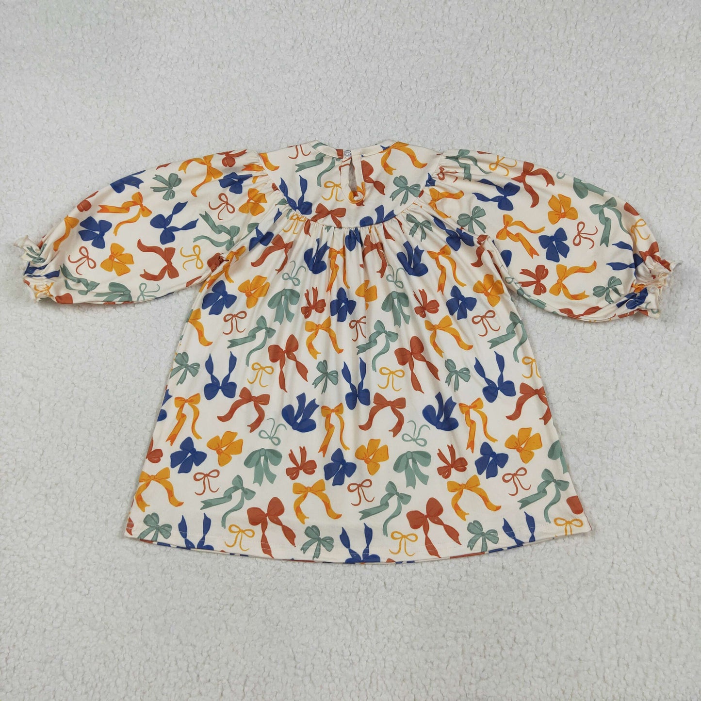 RTS NO MOQ（In Stock）GLD1086 smocked thankful embroidered bow pattern long sleeve dress