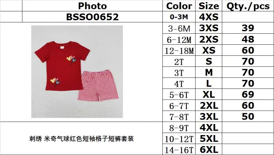 rts no moq BSSO0652 Embroidered Mickey Balloon Red Short Sleeve Plaid Shorts Suit