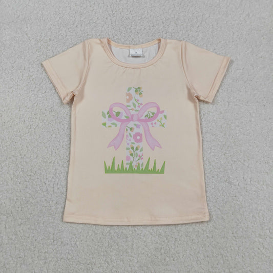 RTS NO MOQ（In Stock) Yellow short-sleeved top with floral cross and bow pattern