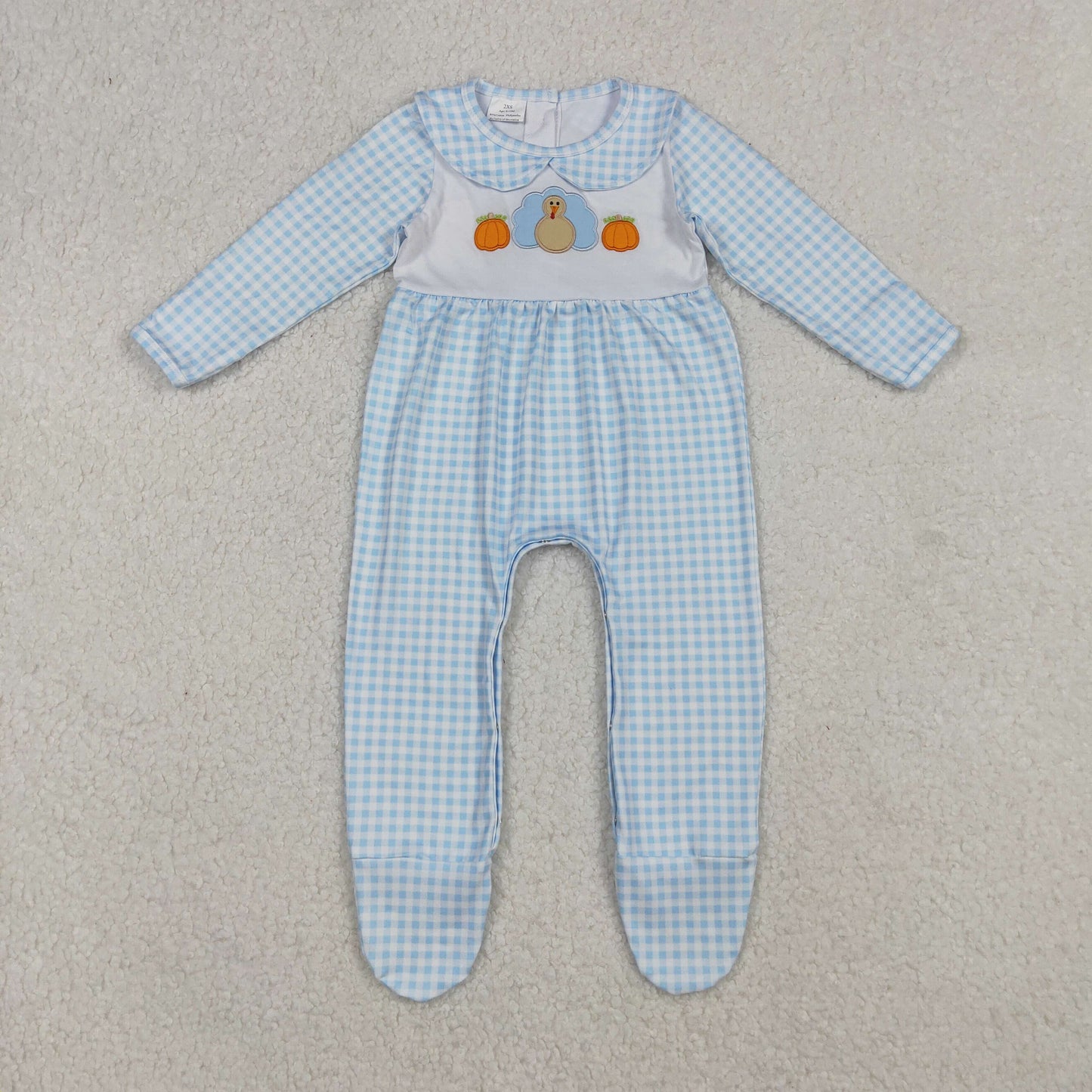 RTS NO MOQ（In Stock) LR2561 Embroidered Pumpkin Turkey Blue Plaid Long-Sleeved Bodysuit