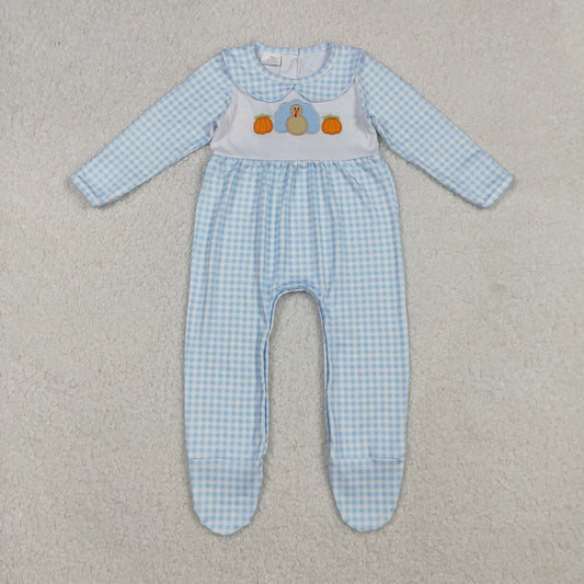 RTS NO MOQ（In Stock) LR2561 Embroidered Pumpkin Turkey Blue Plaid Long-Sleeved Bodysuit
