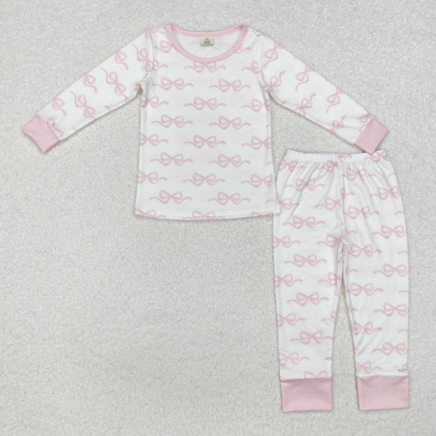 BAMBOO RTS NO MOQ ETA 5/7days GLP2180 Modal pink bow pattern white long-sleeved trousers pajama set