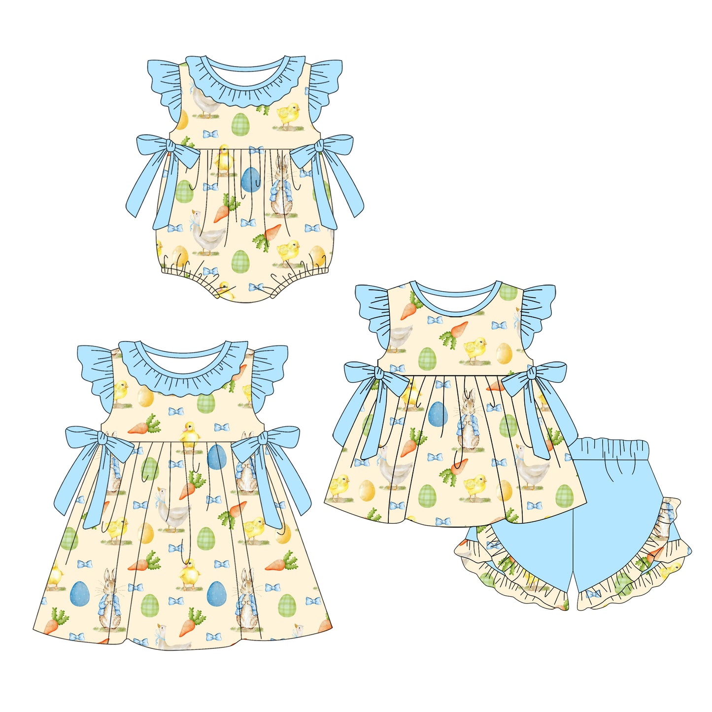 1.14 custom each style moq 5eta 4-6week Sibling Sisters easter baby girl short sleeve shorts sets and dress and rompers match family design