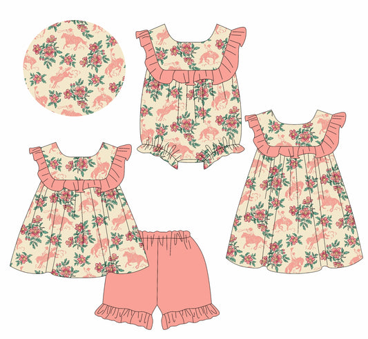 1.13 custom each style moq 5eta 4-6week Sibling Sisters riding horse floral baby girl short sleeve shorts sets and dress and rompers match family design