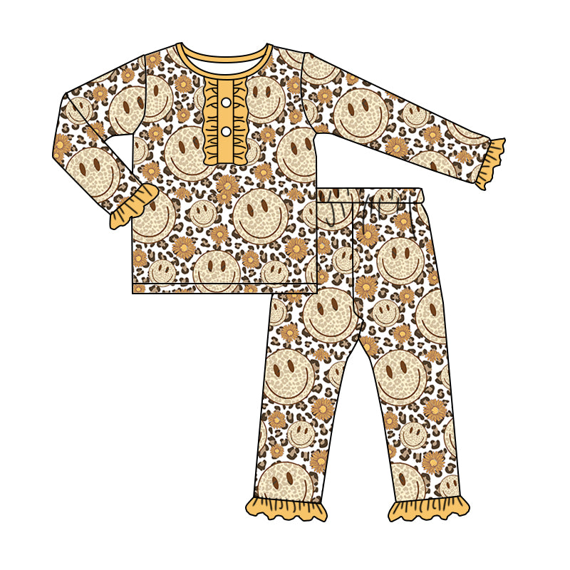 5.7custom each style moq 5eta 4-5week Sibling Sister smiley face prints yellow girls outfits and baby romper match family design