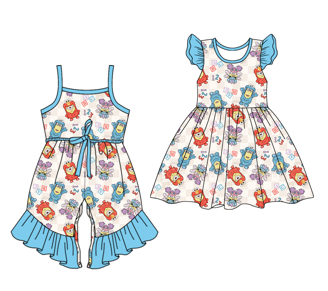 12.30 custom each style moq 5eta 4-6week Sibling Sister cartoon baby girl short sleeve shorts dress and jumpsuit match design