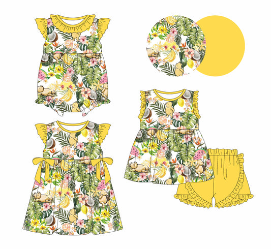 1.23 custom each style moq 5eta 4-6week Sibling Sisters floral baby girl short sleeve shorts sets and dress and rompers match family design