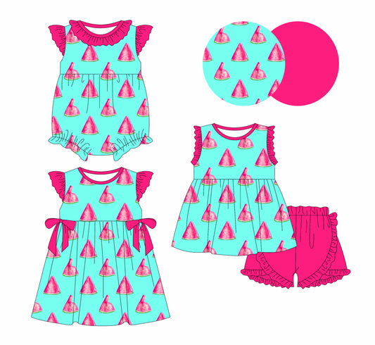 1.2 custom each style moq 5eta 4-6week Sibling Sistes watermelon baby girl short sleeve shorts sets and dress and rompers match family design