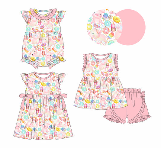 1.6 custom each style moq 5eta 4-6week Sibling Sistes pig baby girl short sleeve shorts sets and dress and rompers match family design