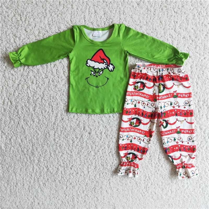 Baby Girls boys Christmas dress up cartoon print green top and red-white long pants Family siblings set