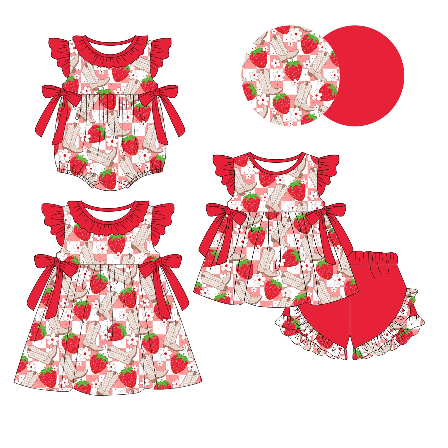 25.12.25 custom each style moq 5 eta 6-8week Sibling Sister strawberry boot baby short sleeve shorts sets and romper and dress match design