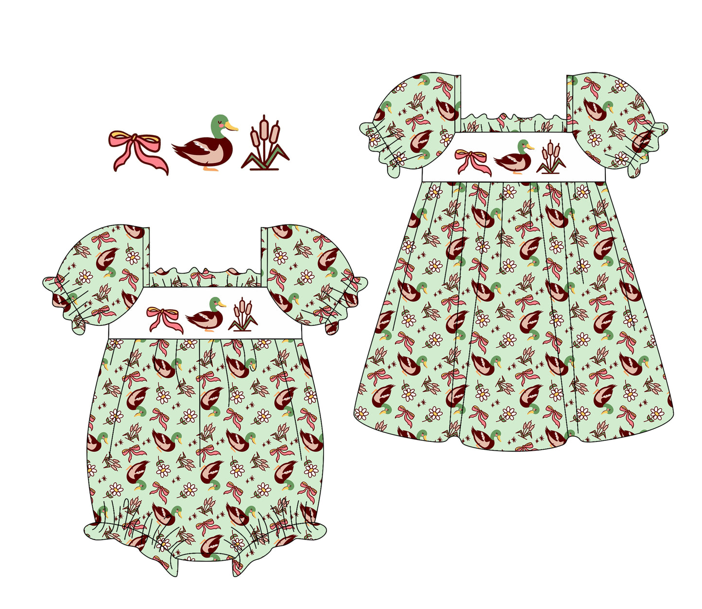 1.10 custom each style moq 5eta 4-6week Sibling Sister duck bow baby girl short sleeve dress and rompers match family design