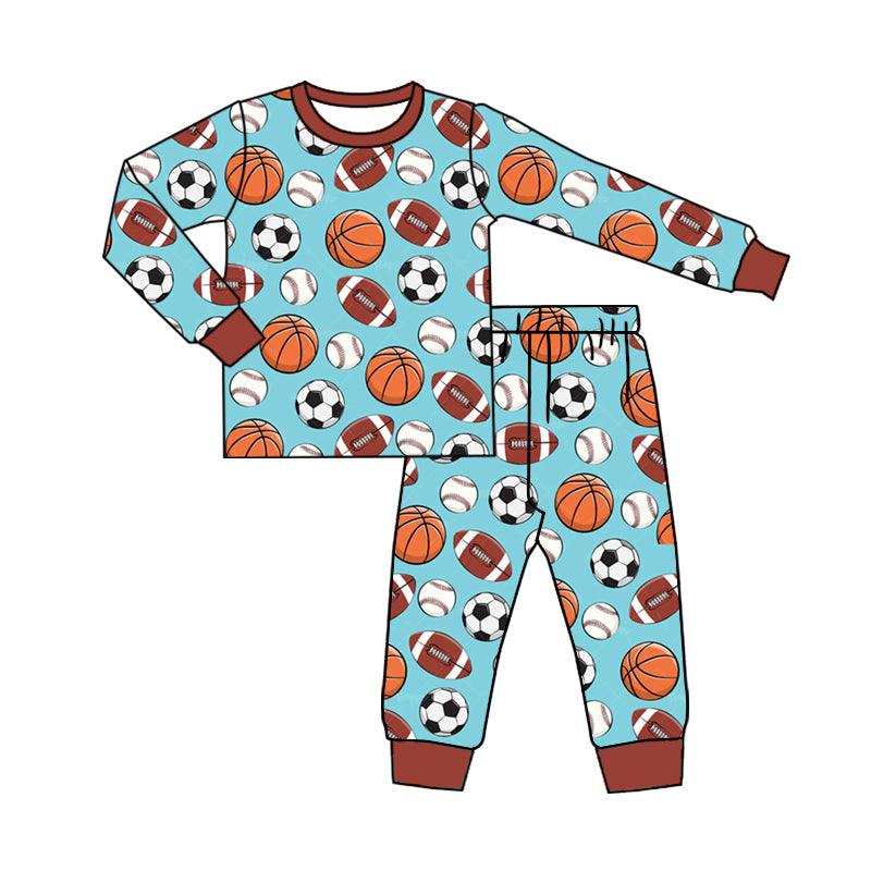 5.14custom each style moq 5eta 4-5week Sibling Sister Smiley Sports ball style print blue boys set and baby romper match family design