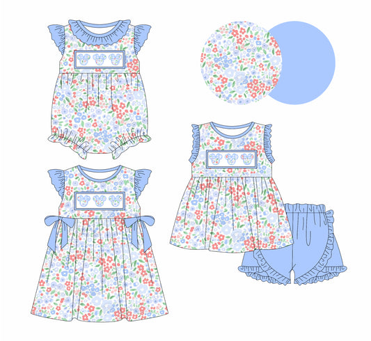 1.18 custom each style moq 5eta 4-6week Sibling Sisters mickey head baby girl short sleeve shorts sets and dress and rompers match family design