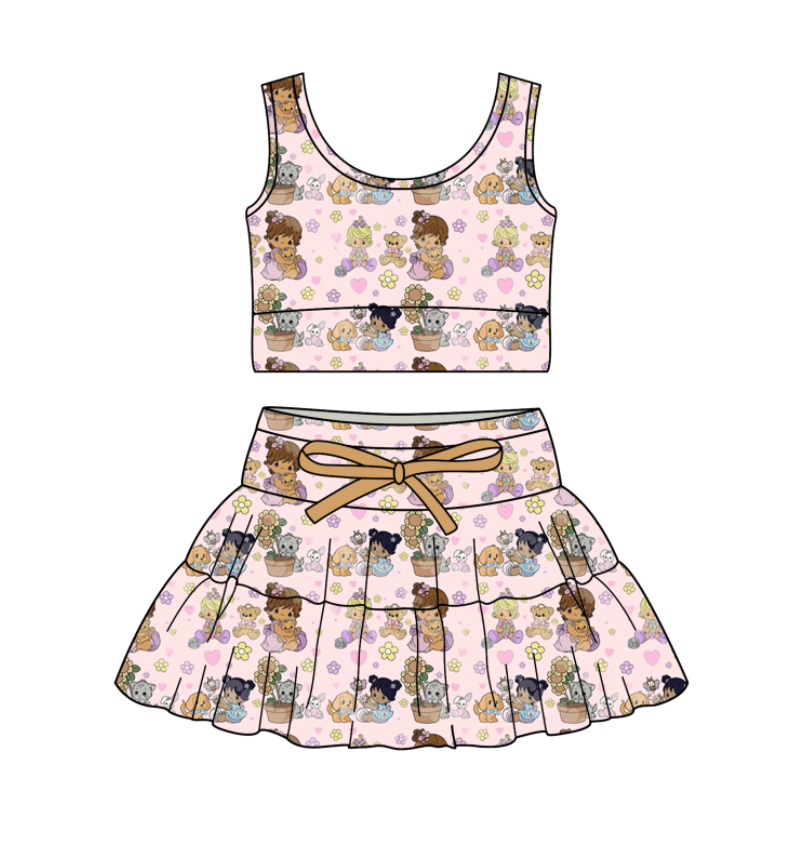 Custom moq 5 mix size milk silk baby girl clothes summer cartoon sleeveless skirts sets