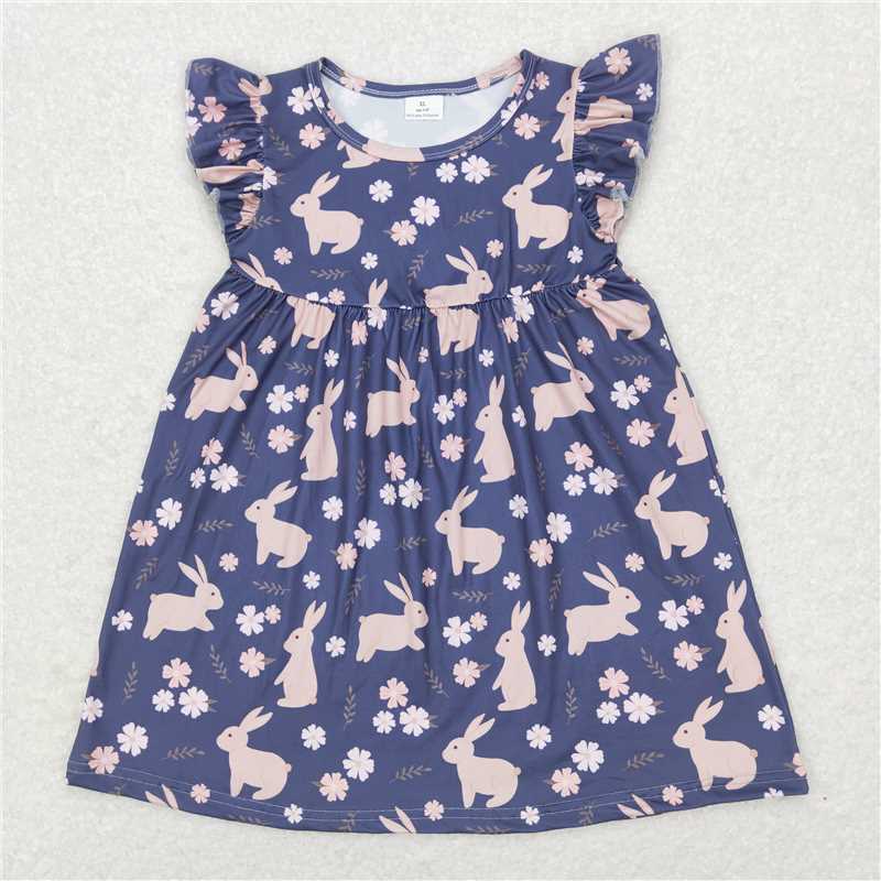 RTS SALES NO MOQ G6-13-7.. Pink bunny flower dark gray flying sleeve skirt 粉色兔子花朵深灰色飞袖裙