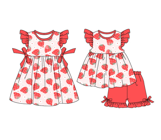 1.4 custom each style moq 5eta 4-6week Sibling Sister strawberry baby girl short sleeve shorts sets and dresses match design