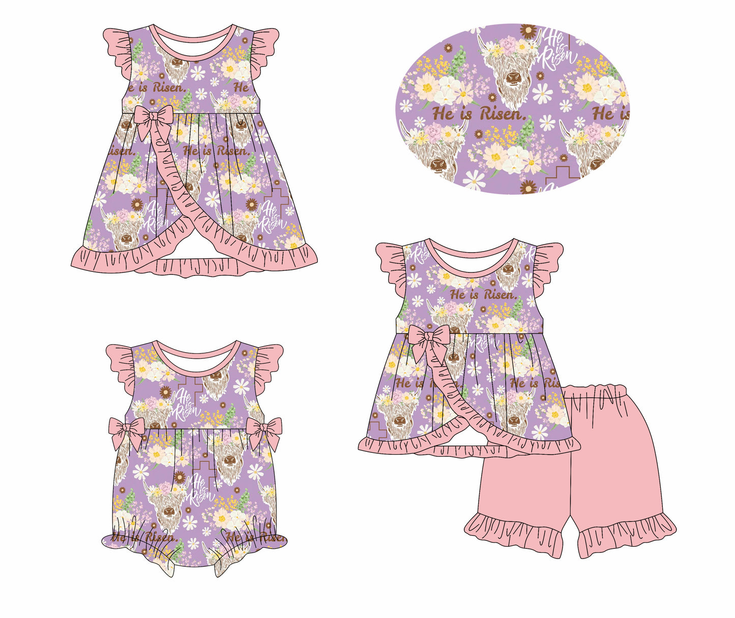 1.11 custom each style moq 5eta 4-6week Sibling Sister easter HE IS RISEN floral baby girl short sleeve shorts sets and dress and rompers match family design