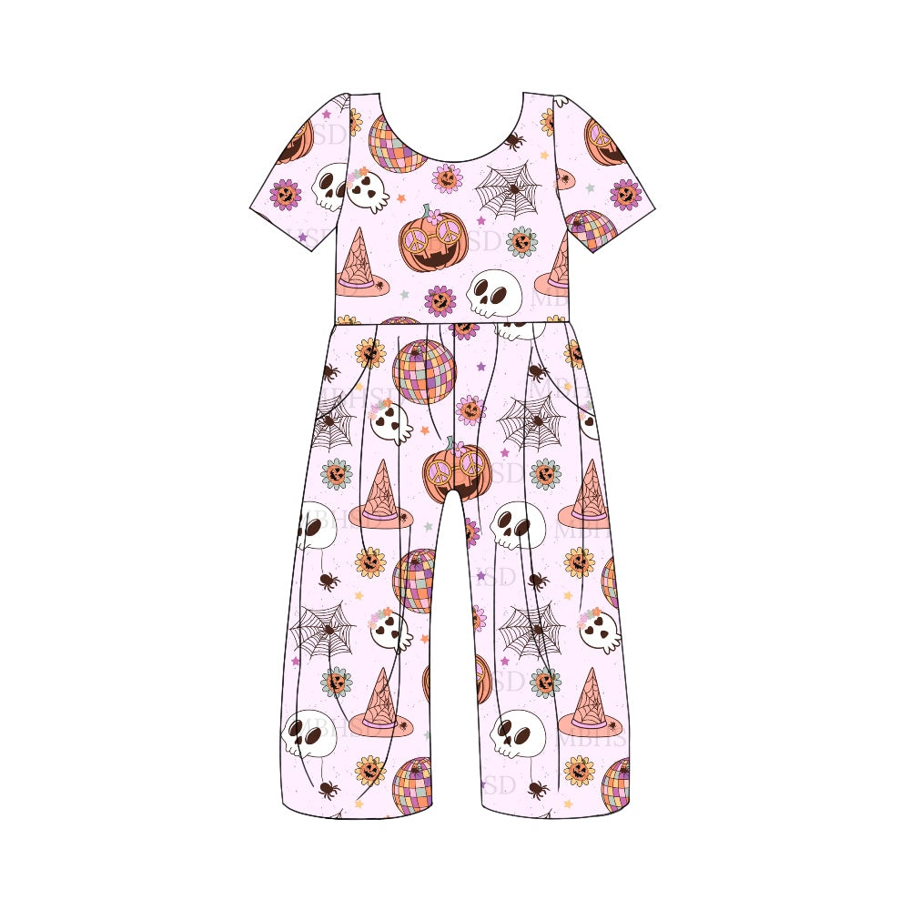 5.3custom each style moq 5eta 4-5week Sibling Sister Halloween pumpkin prints pink girls jumpsuits and boy set and baby romper match family design