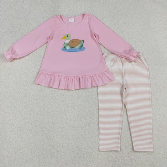 RTS NO MOQ（In Stock) GLP2698 Embroidered Duck Pink Lace Long-Sleeved Striped Pants Set