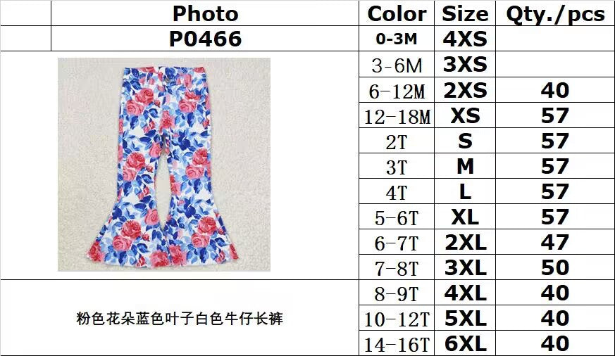 rts no moq P0466 Pink Flowers Blue Leaves White Denim Pants