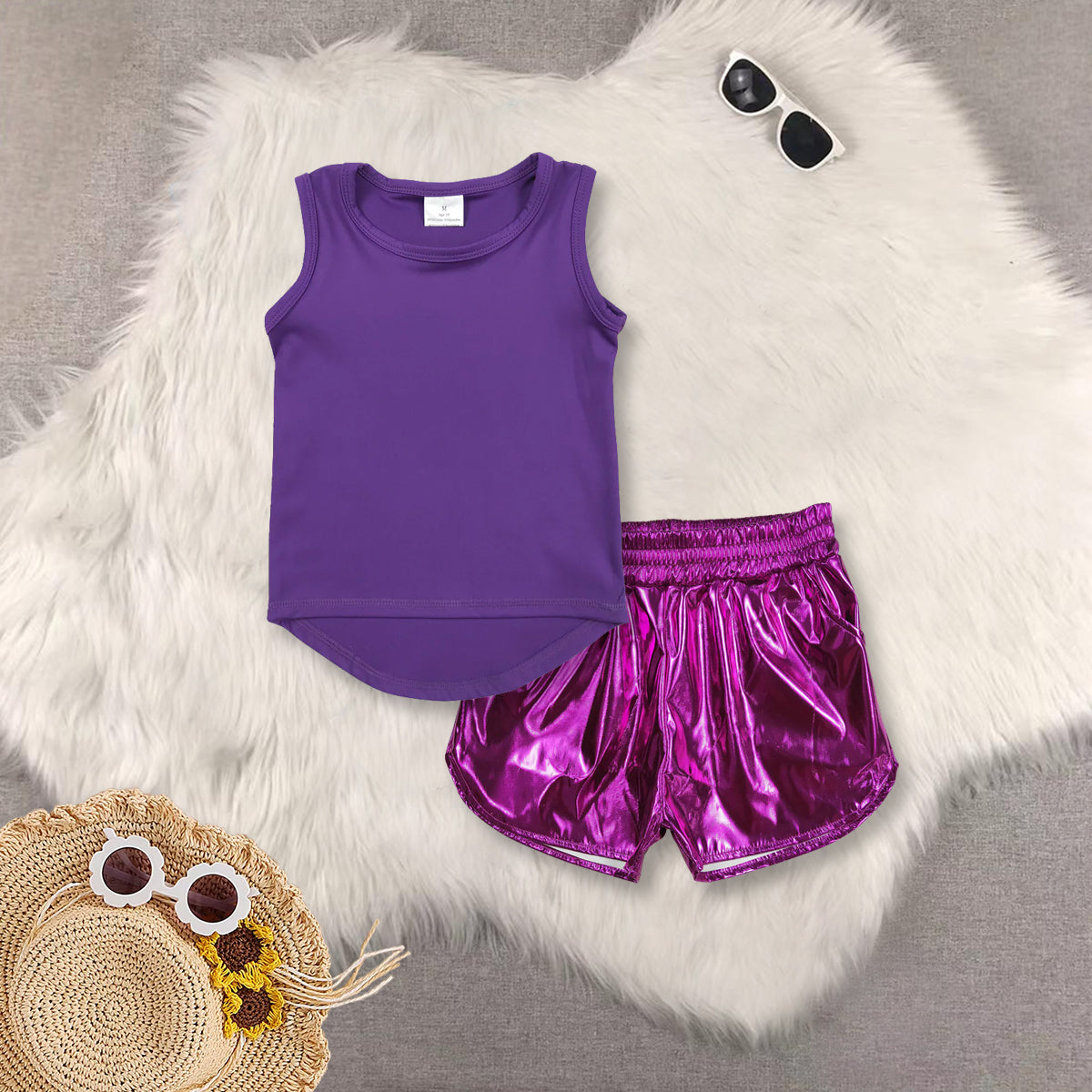 RTS NO MOQ Sibling baby girls clothes yoga Pure purple sleeveless short sets and yoga Top and shorts